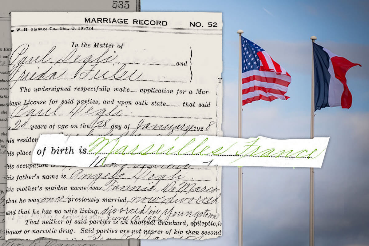 Marriage record showing "Place of birth is Marseille, France"